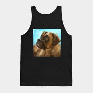 Thick Oil Painting of a Brown Coated Boxer Dog Looking to the Side on Blue Background Tank Top